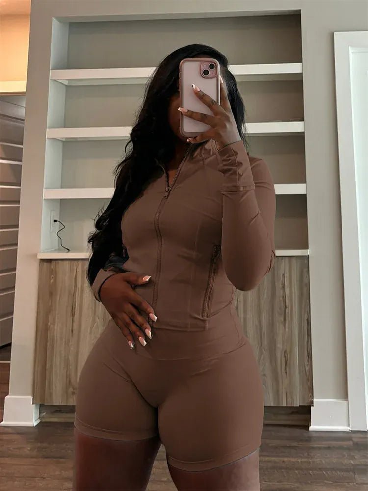 Weird Puss Casual Sporty 2 Piece Set Women Classic Tracksuit Cardigan Full Sleeve Jacket+Stretch Waist Skinny Shorts Trend Suits - SN Wigs & More