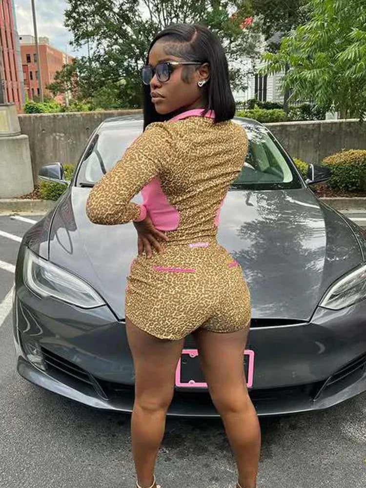 Weird Puss Casual Women 2 Piece Set  Tracksuit Leopard Print Patchwork Zip Crop Jacket+Shorts Sporty Stretch Streetwear Outfits