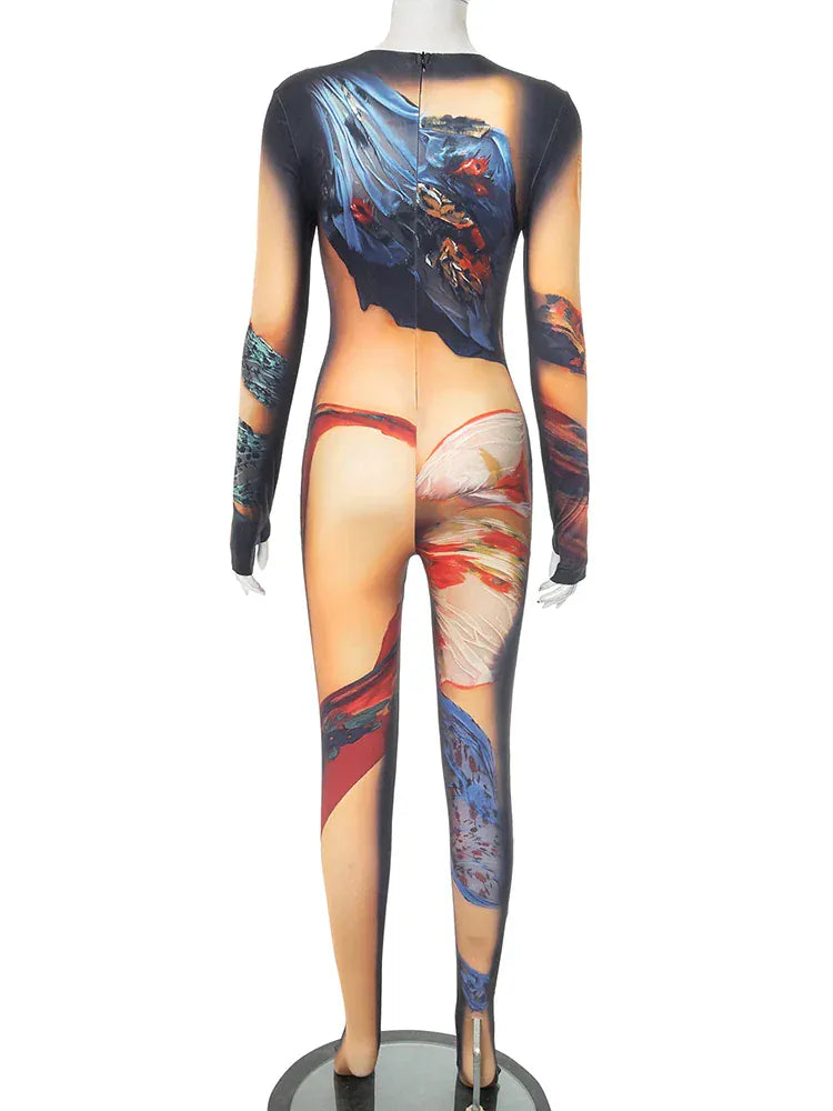 Weird Puss Colorful Print Jumpsuit Women Sexy o-Neck Full Sleeve Skinny Peach Hip Hot Girls Street Fashion Wild Style Overalls