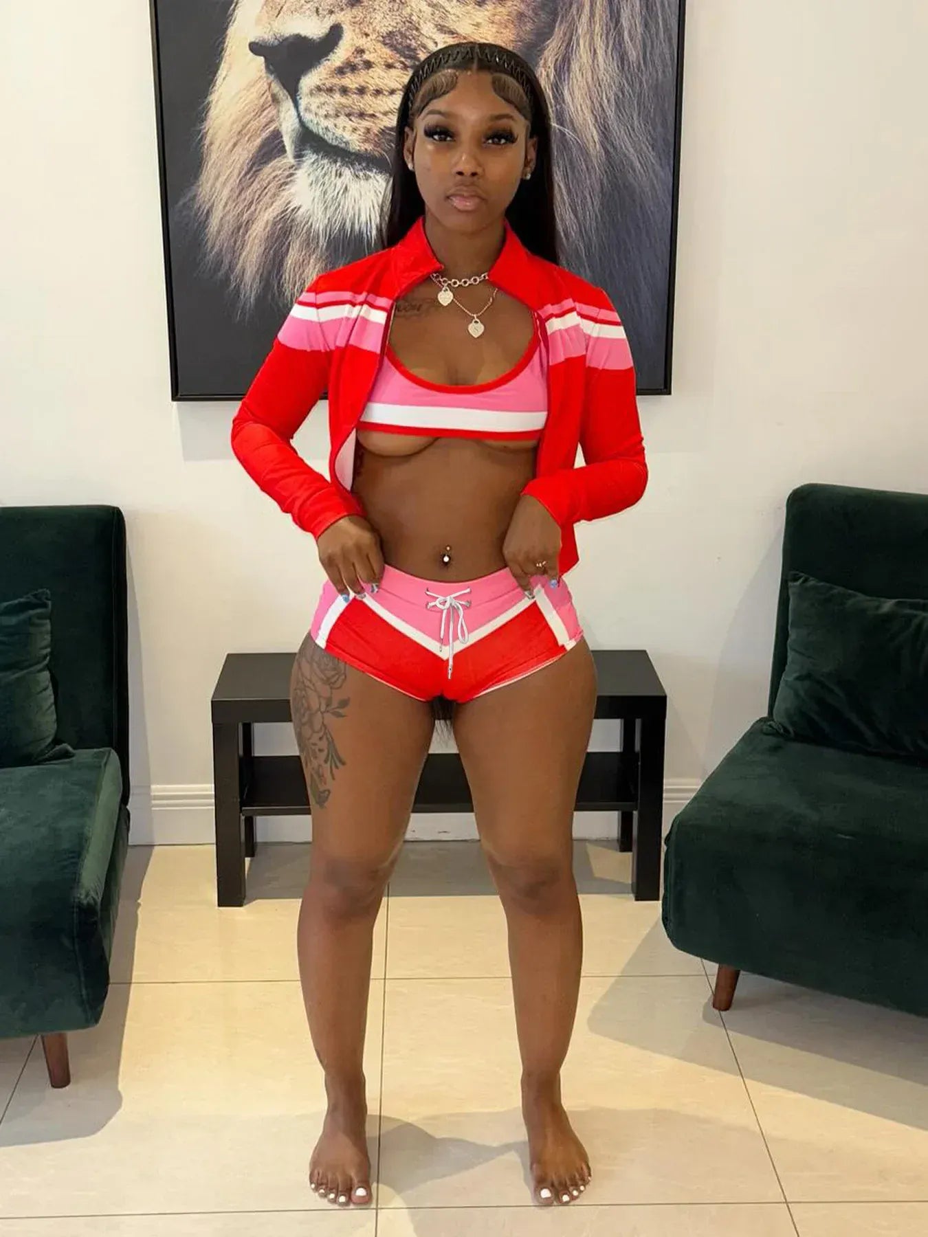 Weird Puss Contrast Patchwork 3 Piece Set Women Halter Strapless Tops+Cardigan Crop Jacket+Drawstring Shorts Sexy Sporty Outfits