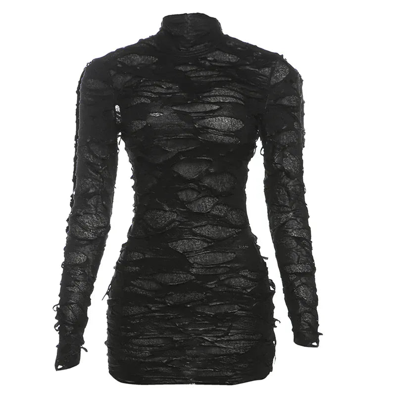 Weird Puss Destruction Style Dress Women Autumn Trend Turtleneck Backless See Through Full Sleeve Skinny Stretch Mini Bodycon