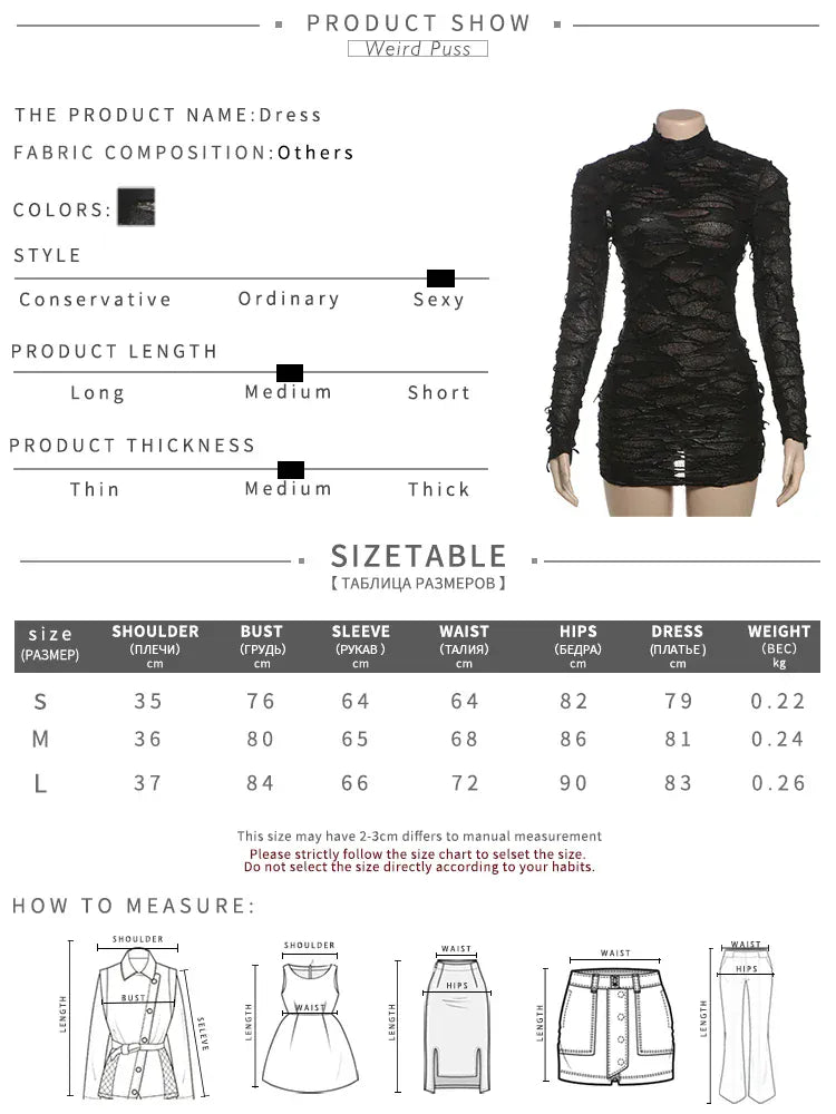 Weird Puss Destruction Style Dress Women Autumn Trend Turtleneck Backless See Through Full Sleeve Skinny Stretch Mini Bodycon