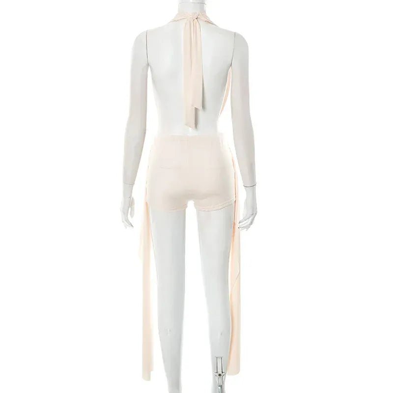 Weird Puss Elegant Women 2 Piece Set Halter Swing Collar Backless Sexy Tank Tops+Side Tassel Shorts Matching Clubwear Outfits - SN Wigs & More