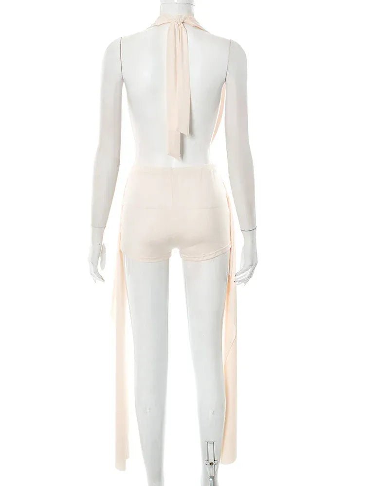 Weird Puss Elegant Women 2 Piece Set Halter Swing Collar Backless Sexy Tank Tops+Side Tassel Shorts Matching Clubwear Outfits - SN Wigs & More