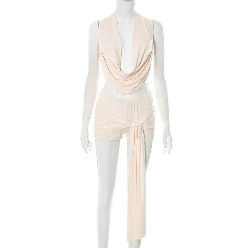Weird Puss Elegant Women 2 Piece Set Halter Swing Collar Backless Sexy Tank Tops+Side Tassel Shorts Matching Clubwear Outfits - SN Wigs & More
