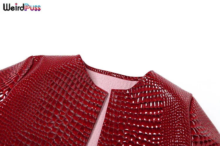 Weird Puss Faux Leather Jacket Women Hipster Snake Print Fall Trend O - Neck Full Sleeve Street Wild Basic Outwear Crop Overcoat - SN Wigs & More
