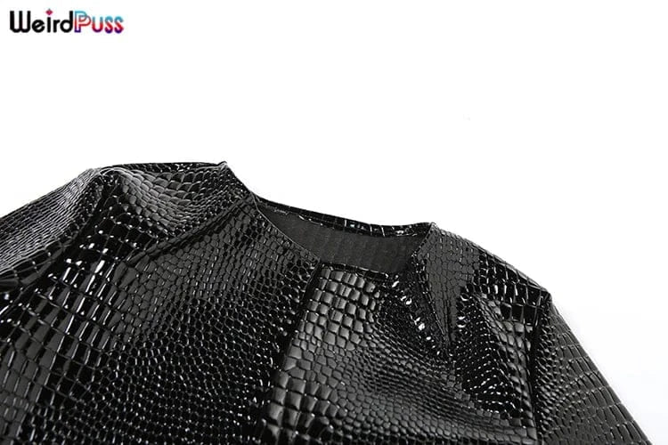 Weird Puss Faux Leather Jacket Women Hipster Snake Print Fall Trend O - Neck Full Sleeve Street Wild Basic Outwear Crop Overcoat - SN Wigs & More