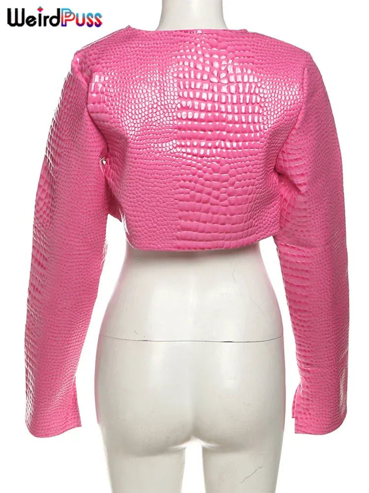 Weird Puss Faux Leather Jacket Women Hipster Snake Print Fall Trend O - Neck Full Sleeve Street Wild Basic Outwear Crop Overcoat - SN Wigs & More
