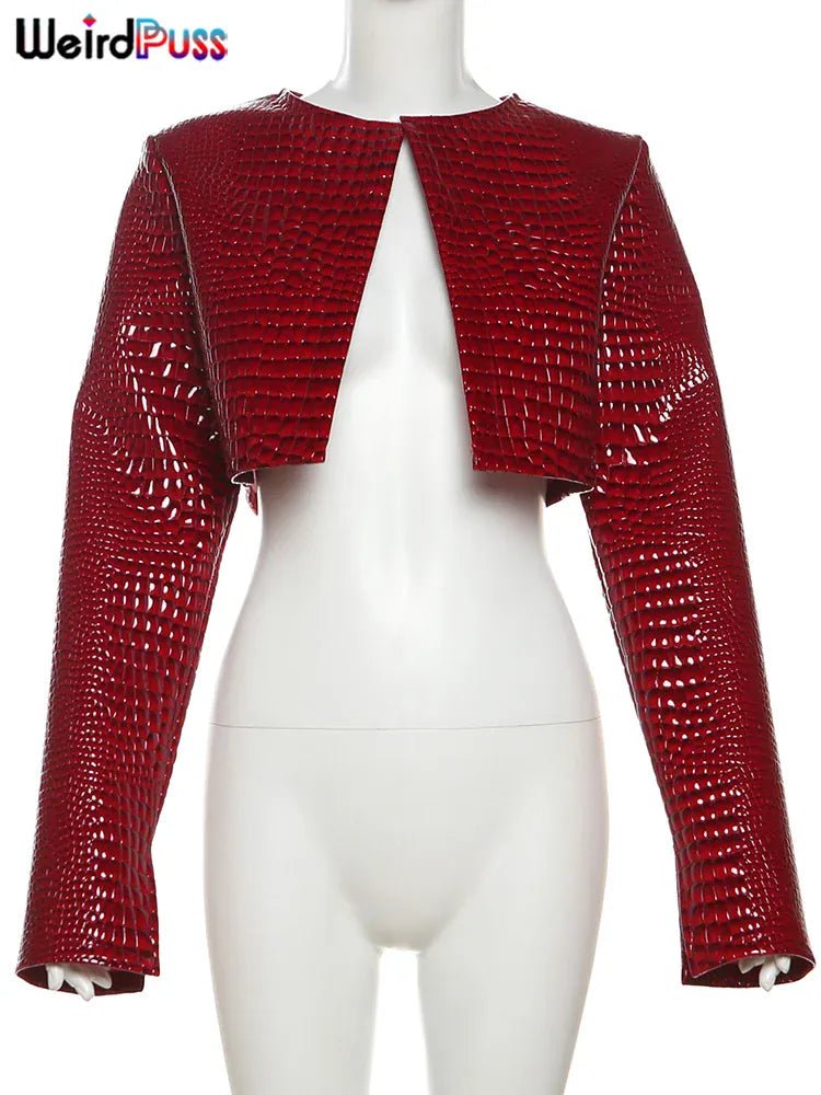 Weird Puss Faux Leather Jacket Women Hipster Snake Print Fall Trend O - Neck Full Sleeve Street Wild Basic Outwear Crop Overcoat - SN Wigs & More