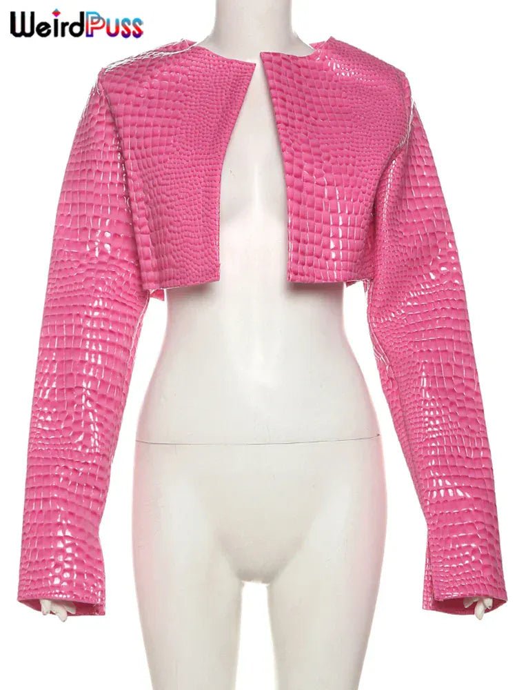 Weird Puss Faux Leather Jacket Women Hipster Snake Print Fall Trend O - Neck Full Sleeve Street Wild Basic Outwear Crop Overcoat - SN Wigs & More