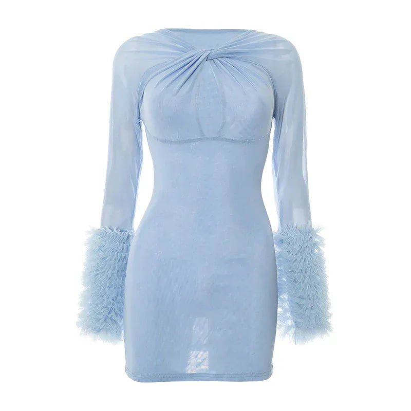 Weird Puss Furry Patchwork Dress Women See Through Full Sleeve Sexy Hollow Cross Elegant Luxury Banquet Birthday Party Clubwear - SN Wigs & More