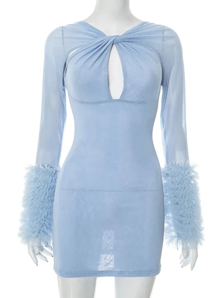 Weird Puss Furry Patchwork Dress Women See Through Full Sleeve Sexy Hollow Cross Elegant Luxury Banquet Birthday Party Clubwear - SN Wigs & More