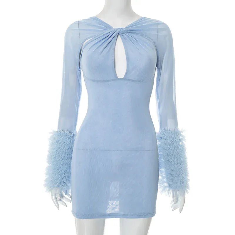 Weird Puss Furry Patchwork Dress Women See Through Full Sleeve Sexy Hollow Cross Elegant Luxury Banquet Birthday Party Clubwear - SN Wigs & More