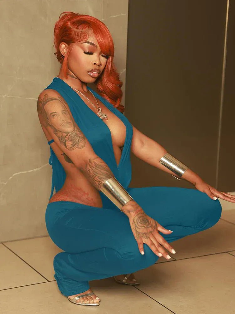 Weird Puss Hipster 2 Piece Set Women Sexy Deep V - Neck Hollow Bandage Bodysuit+Flare Pants Summer Midnight Matching Clubwear Suit - SN Wigs & More
