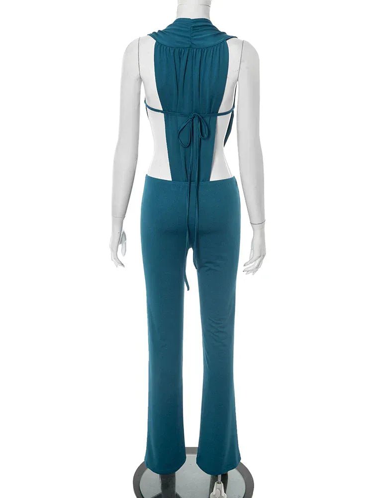 Weird Puss Hipster 2 Piece Set Women Sexy Deep V - Neck Hollow Bandage Bodysuit+Flare Pants Summer Midnight Matching Clubwear Suit - SN Wigs & More