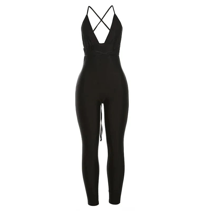 Weird Puss Hipster Fitness Jumpsuit Women Backless Sleeveless Deep v-Neck Cross Bandage Skinny Stretch Workout Sporty Streetwear
