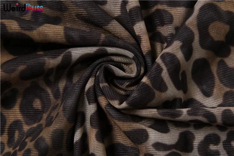 Weird Puss Leopard Print Dress Women See Through Lace V-Neck Sexy Sleeveless Skinny Summer Fashion Chic Ruffle Hem Mini Bodycon