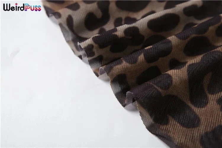 Weird Puss Leopard Print Dress Women See Through Lace V-Neck Sexy Sleeveless Skinny Summer Fashion Chic Ruffle Hem Mini Bodycon