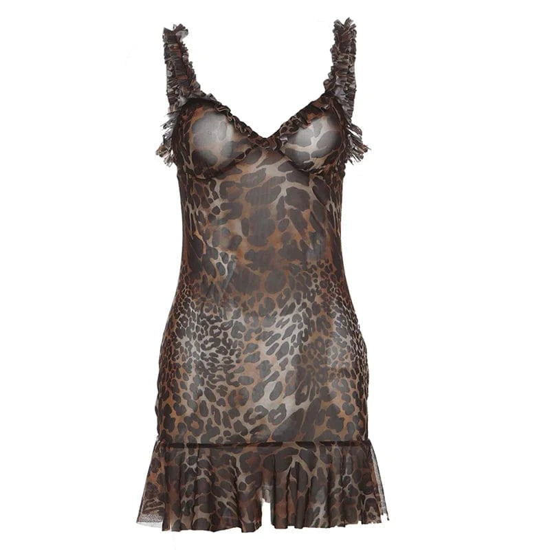 Weird Puss Leopard Print Dress Women See Through Lace V-Neck Sexy Sleeveless Skinny Summer Fashion Chic Ruffle Hem Mini Bodycon