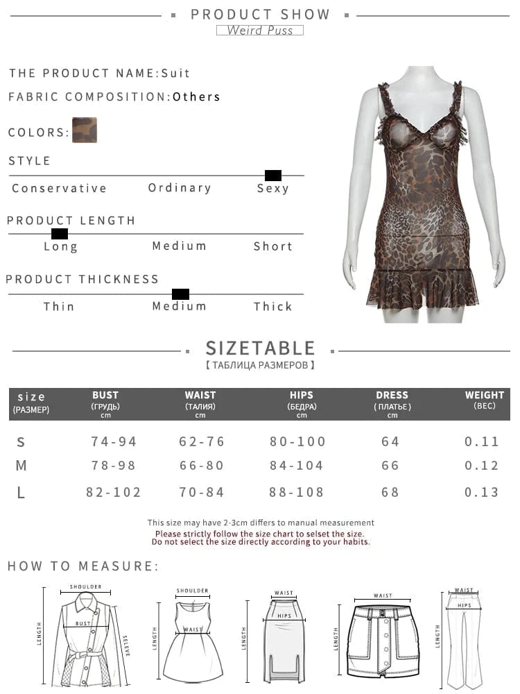 Weird Puss Leopard Print Dress Women See Through Lace V-Neck Sexy Sleeveless Skinny Summer Fashion Chic Ruffle Hem Mini Bodycon