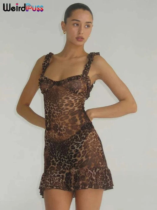 Weird Puss Leopard Print Dress Women See Through Lace V-Neck Sexy Sleeveless Skinny Summer Fashion Chic Ruffle Hem Mini Bodycon