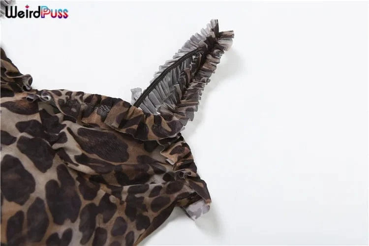 Weird Puss Leopard Print Dress Women See Through Lace V-Neck Sexy Sleeveless Skinny Summer Fashion Chic Ruffle Hem Mini Bodycon