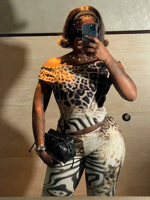Weird Puss Leopard Print Fashion 2 Piece Set Women Slash Neck Backless Top+Skinny Peach Hip Crop Pants Hottie Hipster Streetwear
