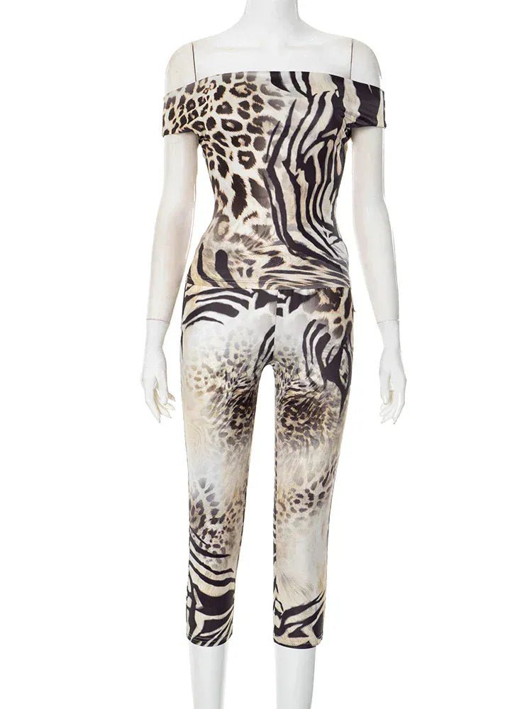 Weird Puss Leopard Print Fashion 2 Piece Set Women Slash Neck Backless Top+Skinny Peach Hip Crop Pants Hottie Hipster Streetwear - SN Wigs & More