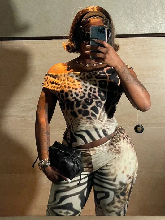 Weird Puss Leopard Print Fashion 2 Piece Set Women Slash Neck Backless Top+Skinny Peach Hip Crop Pants Hottie Hipster Streetwear - SN Wigs & More
