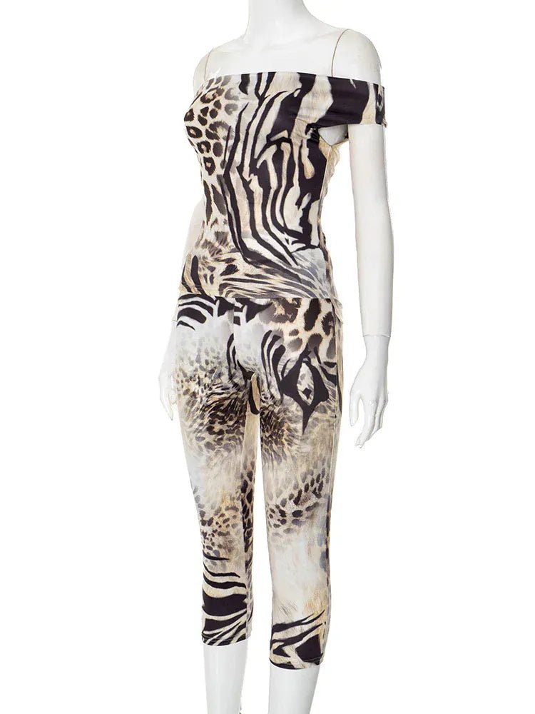 Weird Puss Leopard Print Fashion 2 Piece Set Women Slash Neck Backless Top+Skinny Peach Hip Crop Pants Hottie Hipster Streetwear - SN Wigs & More