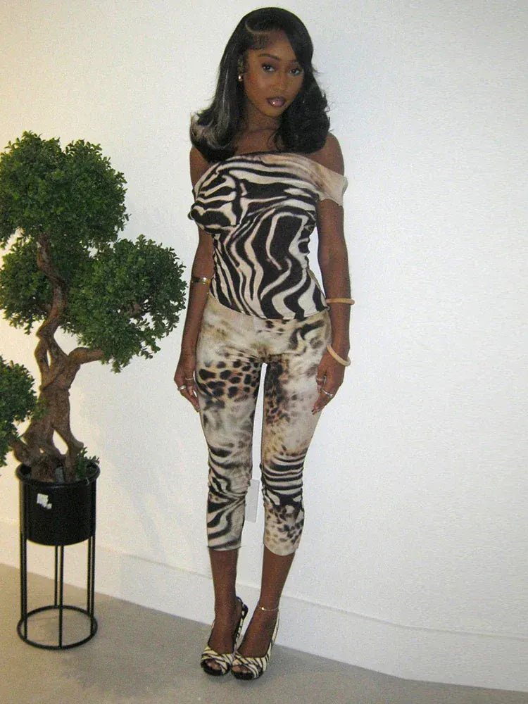 Weird Puss Leopard Print Fashion 2 Piece Set Women Slash Neck Backless Top+Skinny Peach Hip Crop Pants Hottie Hipster Streetwear - SN Wigs & More