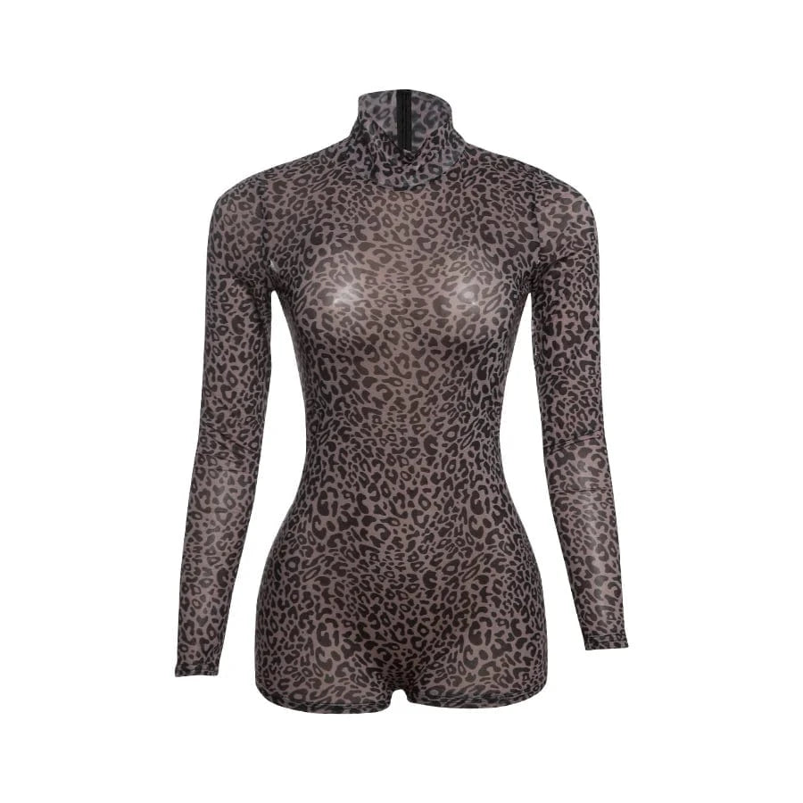 Weird Puss Leopard Print Romper Women See Through Sexy Full Sleeve Turtleneck Fall Fit Skinny Playsuit Stretch Midnight Clubwear