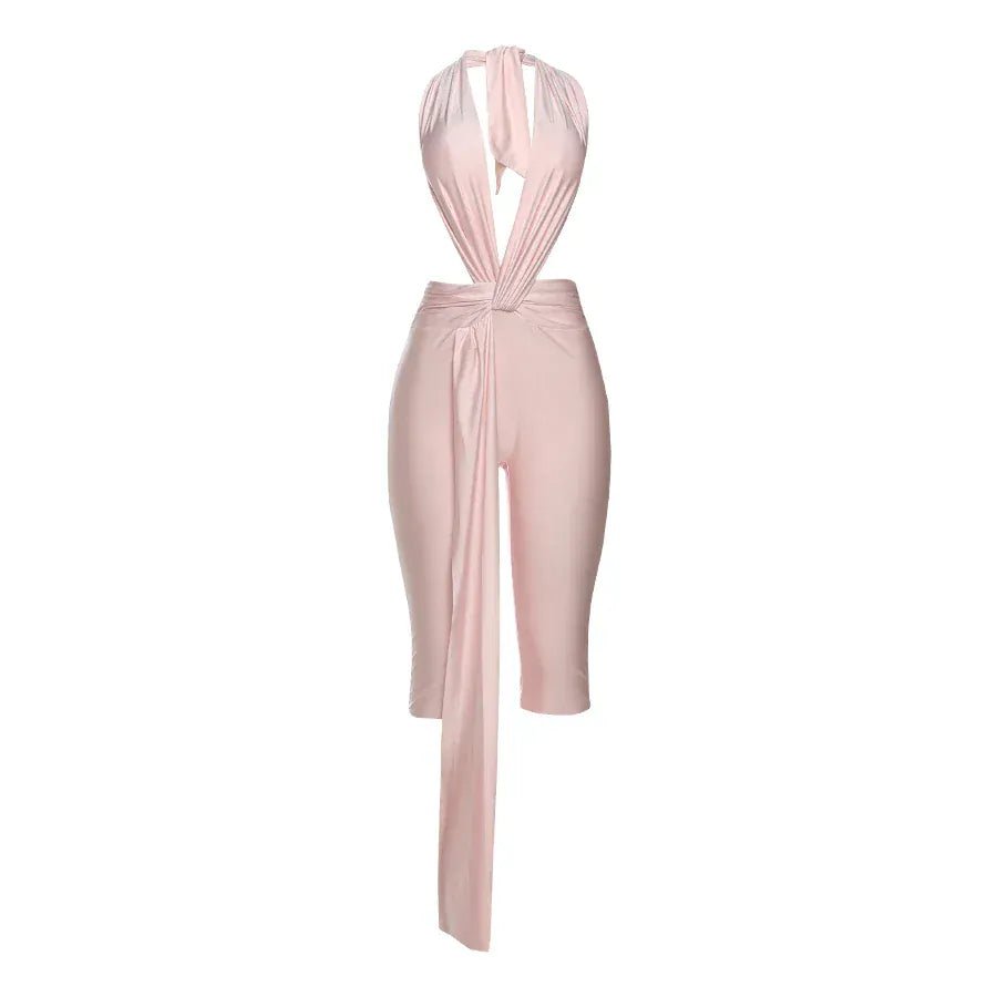 Weird Puss Patchwork Halter Romper Women Ribbon Sleeveless Elastic Backless Workout Activewear Midnight Activity Slim Playsuits - SN Wigs & More