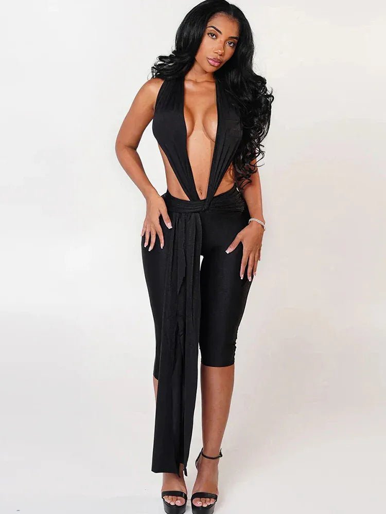 Weird Puss Patchwork Halter Romper Women Ribbon Sleeveless Elastic Backless Workout Activewear Midnight Activity Slim Playsuits - SN Wigs & More