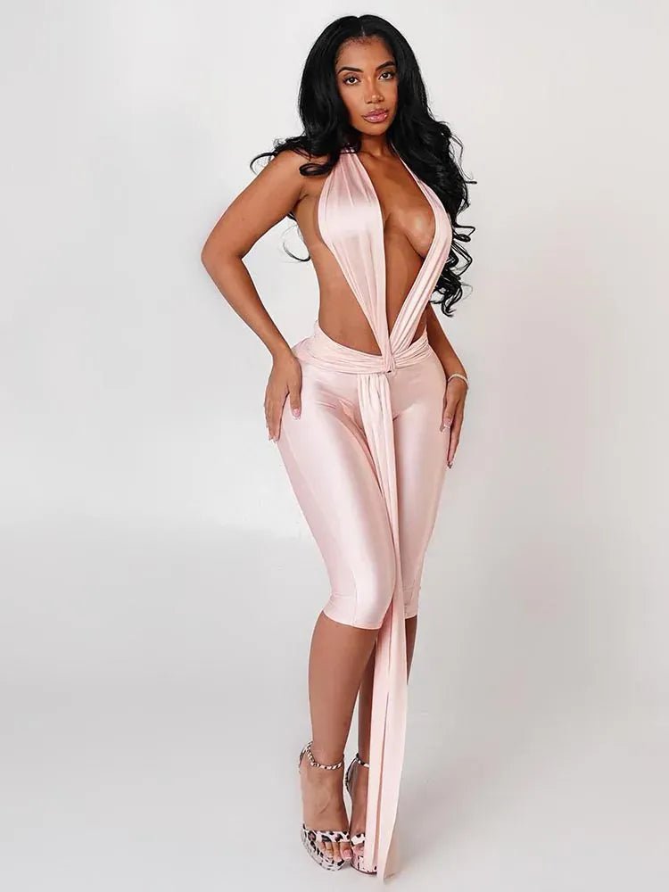 Weird Puss Patchwork Halter Romper Women Ribbon Sleeveless Elastic Backless Workout Activewear Midnight Activity Slim Playsuits - SN Wigs & More