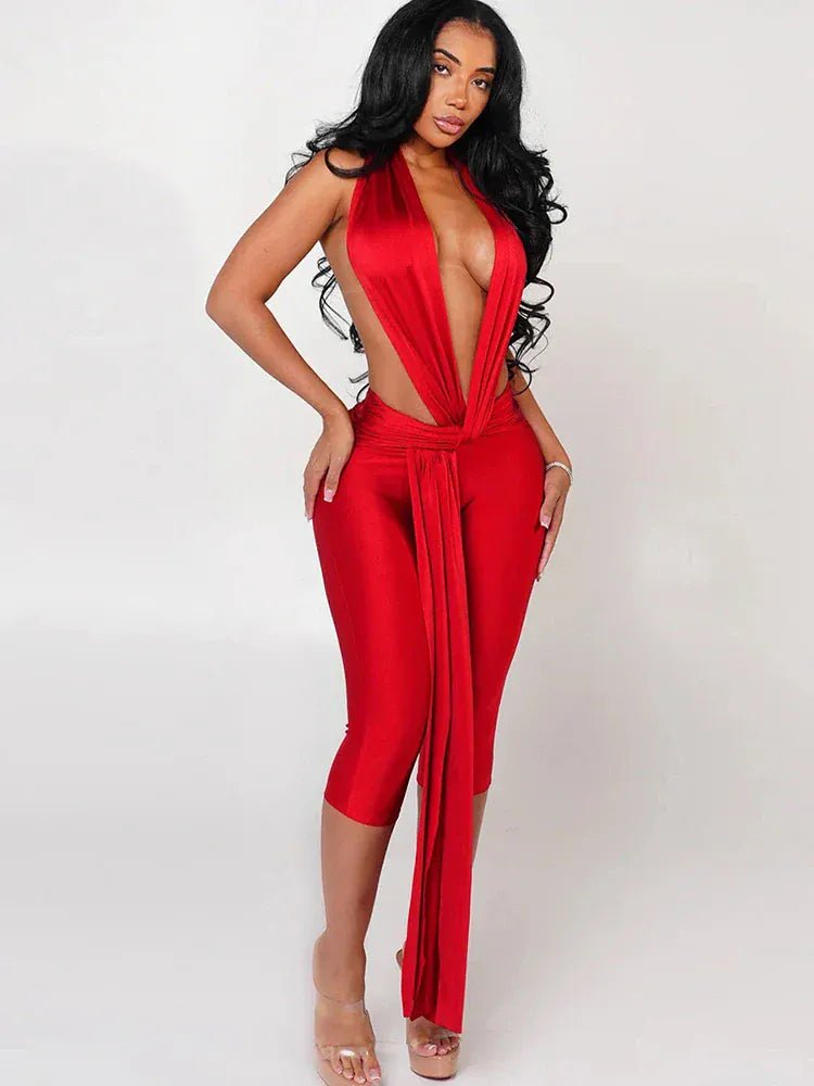 Weird Puss Patchwork Halter Romper Women Ribbon Sleeveless Elastic Backless Workout Activewear Midnight Activity Slim Playsuits - SN Wigs & More