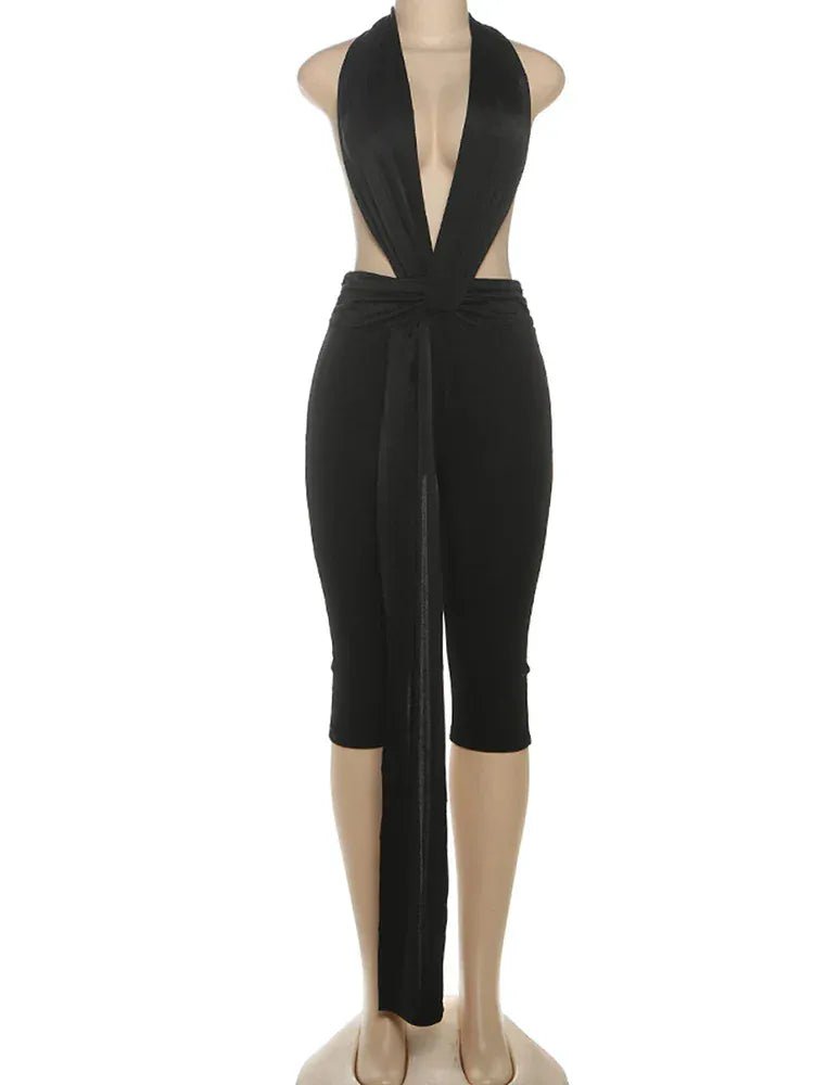 Weird Puss Patchwork Halter Romper Women Ribbon Sleeveless Elastic Backless Workout Activewear Midnight Activity Slim Playsuits - SN Wigs & More