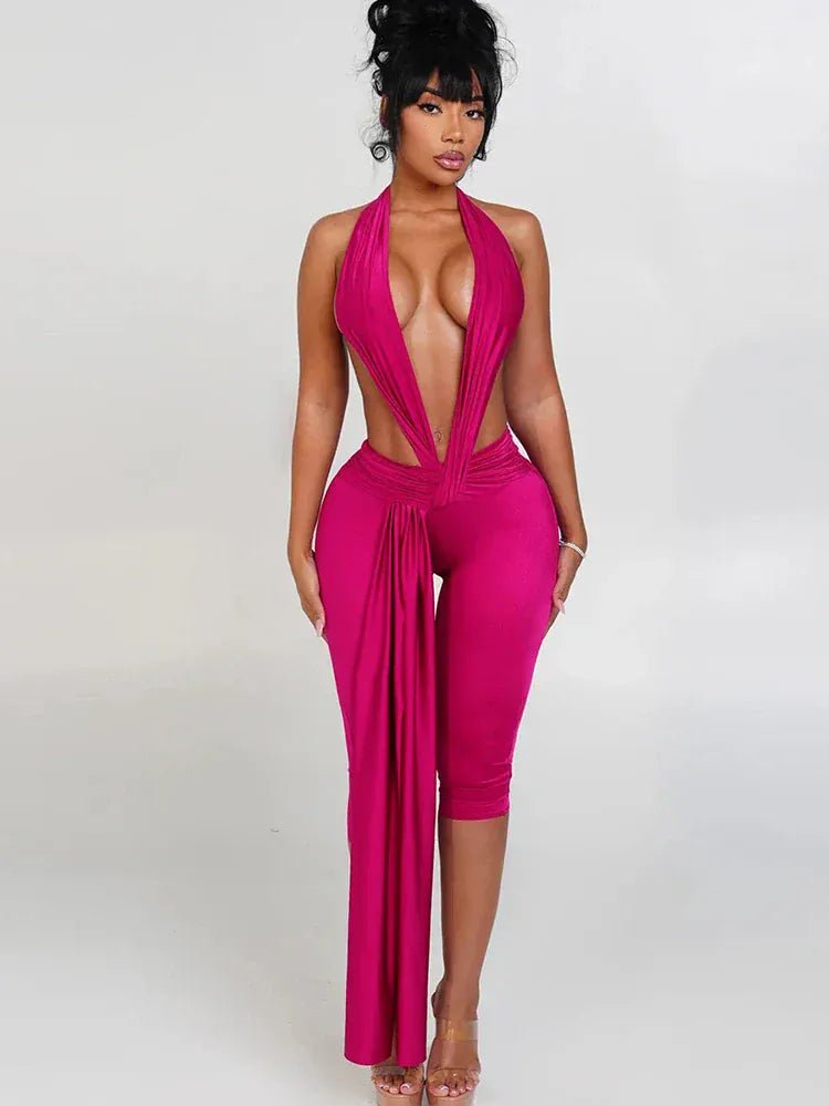 Weird Puss Patchwork Halter Romper Women Ribbon Sleeveless Elastic Backless Workout Activewear Midnight Activity Slim Playsuits - SN Wigs & More