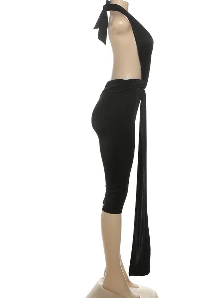 Weird Puss Patchwork Halter Romper Women Ribbon Sleeveless Elastic Backless Workout Activewear Midnight Activity Slim Playsuits - SN Wigs & More