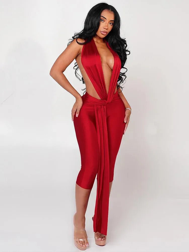 Weird Puss Patchwork Halter Romper Women Ribbon Sleeveless Elastic Backless Workout Activewear Midnight Activity Slim Playsuits - SN Wigs & More