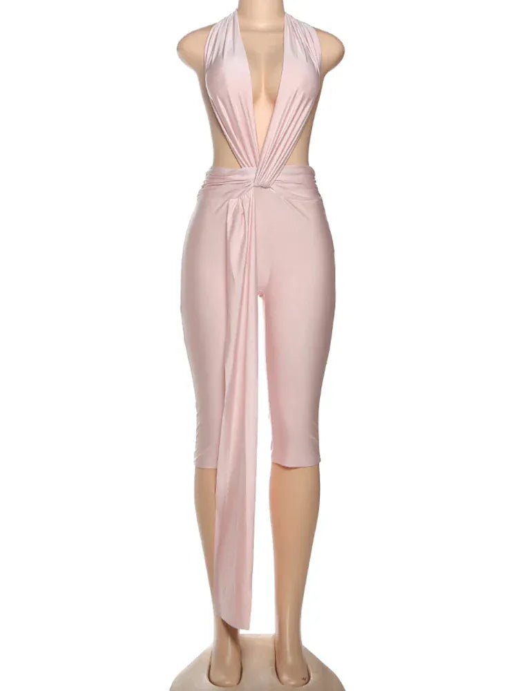 Weird Puss Patchwork Halter Romper Women Ribbon Sleeveless Elastic Backless Workout Activewear Midnight Activity Slim Playsuits - SN Wigs & More