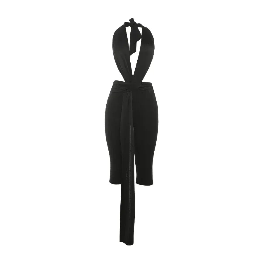 Weird Puss Patchwork Halter Romper Women Ribbon Sleeveless Elastic Backless Workout Activewear Midnight Activity Slim Playsuits - SN Wigs & More
