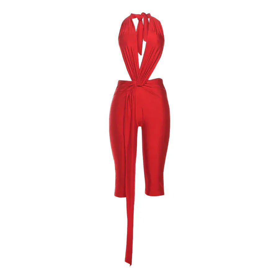 Weird Puss Patchwork Halter Romper Women Ribbon Sleeveless Elastic Backless Workout Activewear Midnight Activity Slim Playsuits - SN Wigs & More