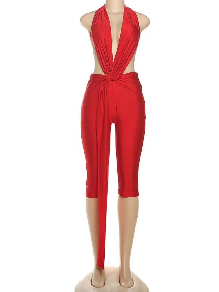 Weird Puss Patchwork Halter Romper Women Ribbon Sleeveless Elastic Backless Workout Activewear Midnight Activity Slim Playsuits - SN Wigs & More
