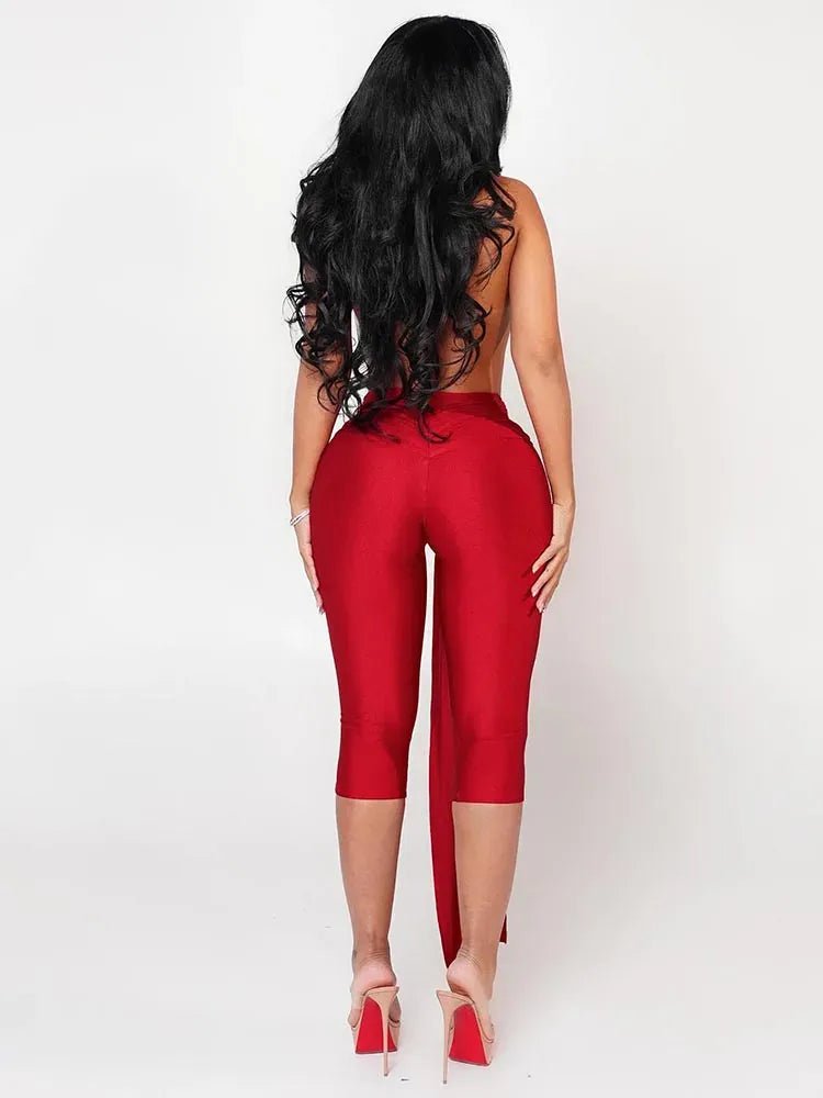Weird Puss Patchwork Halter Romper Women Ribbon Sleeveless Elastic Backless Workout Activewear Midnight Activity Slim Playsuits - SN Wigs & More