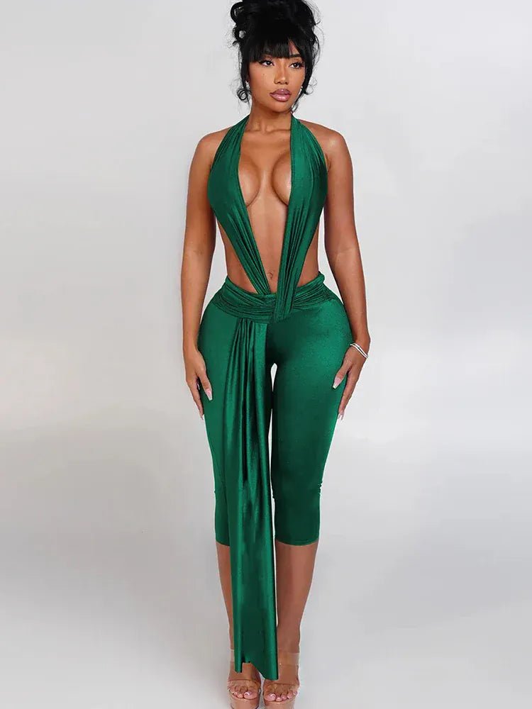 Weird Puss Patchwork Halter Romper Women Ribbon Sleeveless Elastic Backless Workout Activewear Midnight Activity Slim Playsuits - SN Wigs & More