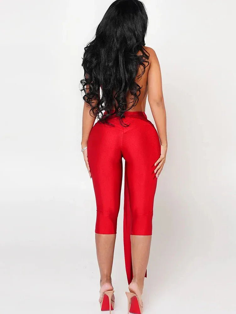 Weird Puss Patchwork Halter Romper Women Ribbon Sleeveless Elastic Backless Workout Activewear Midnight Activity Slim Playsuits - SN Wigs & More