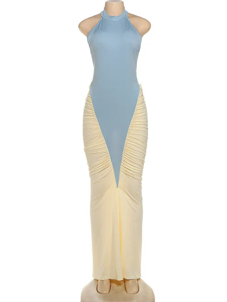 Weird Puss Ruched Maxi Dress Women Sexy Color Blocking Halter Backless Thin Slit Summer Trend Birthday Party Clubwear Vestidos