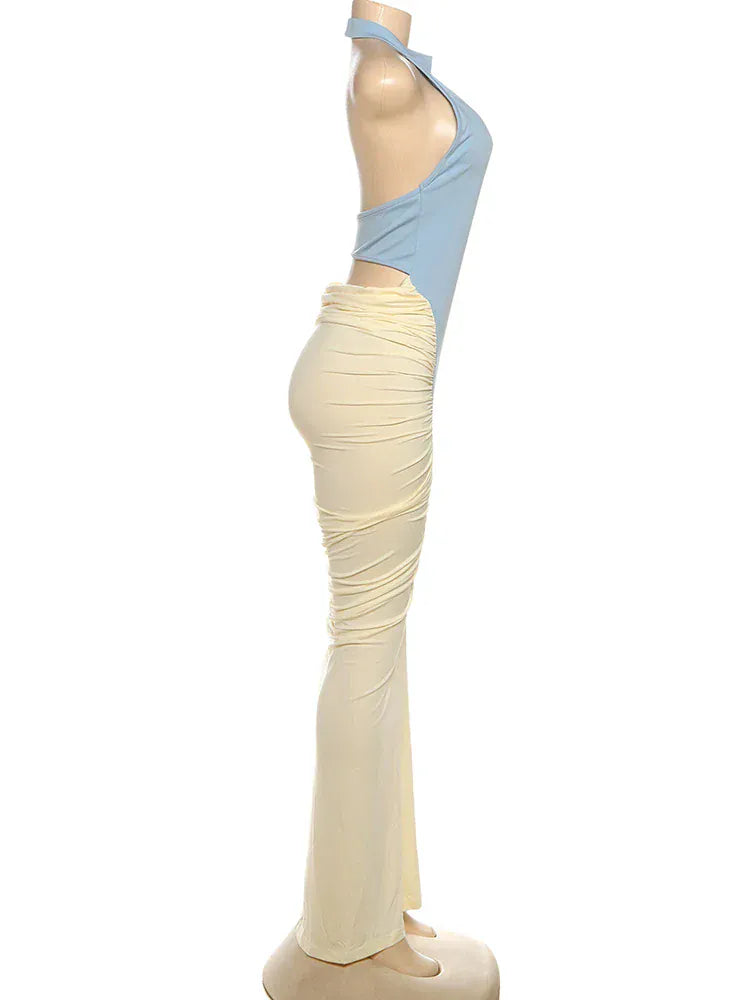 Weird Puss Ruched Maxi Dress Women Sexy Color Blocking Halter Backless Thin Slit Summer Trend Birthday Party Clubwear Vestidos