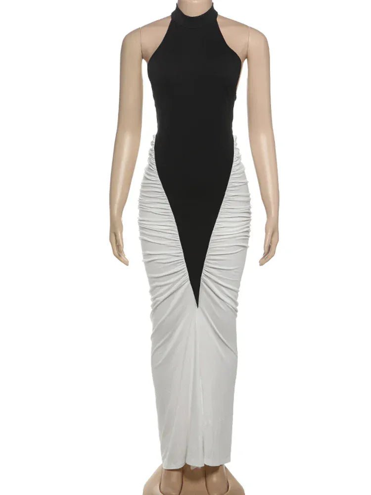 Weird Puss Ruched Maxi Dress Women Sexy Color Blocking Halter Backless Thin Slit Summer Trend Birthday Party Clubwear Vestidos - SN Wigs & More